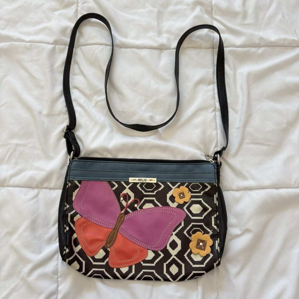 Vintage 90s Y2K Relic Crossbody Faux Leather Handbag Butterfly Black Boho Hippie